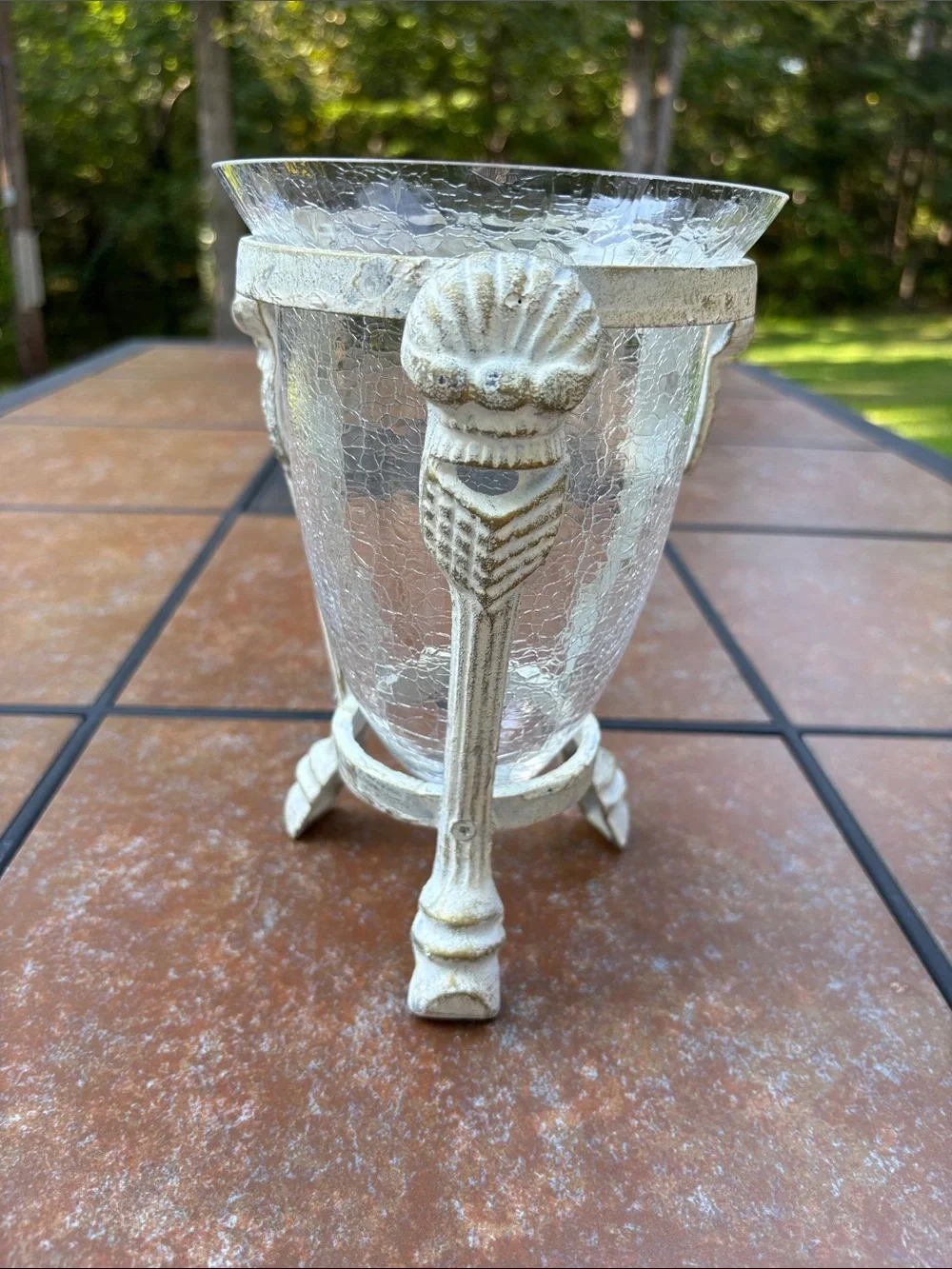 Decorative Clear Crackle Glass Vase/Candle Holder Distressed White Metal Stand